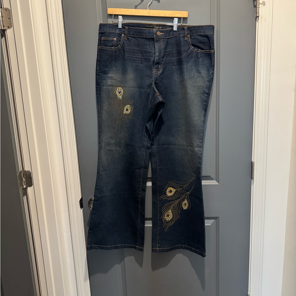 Venezia Dark Blue Flare Jeans with Peacock Embroidery
